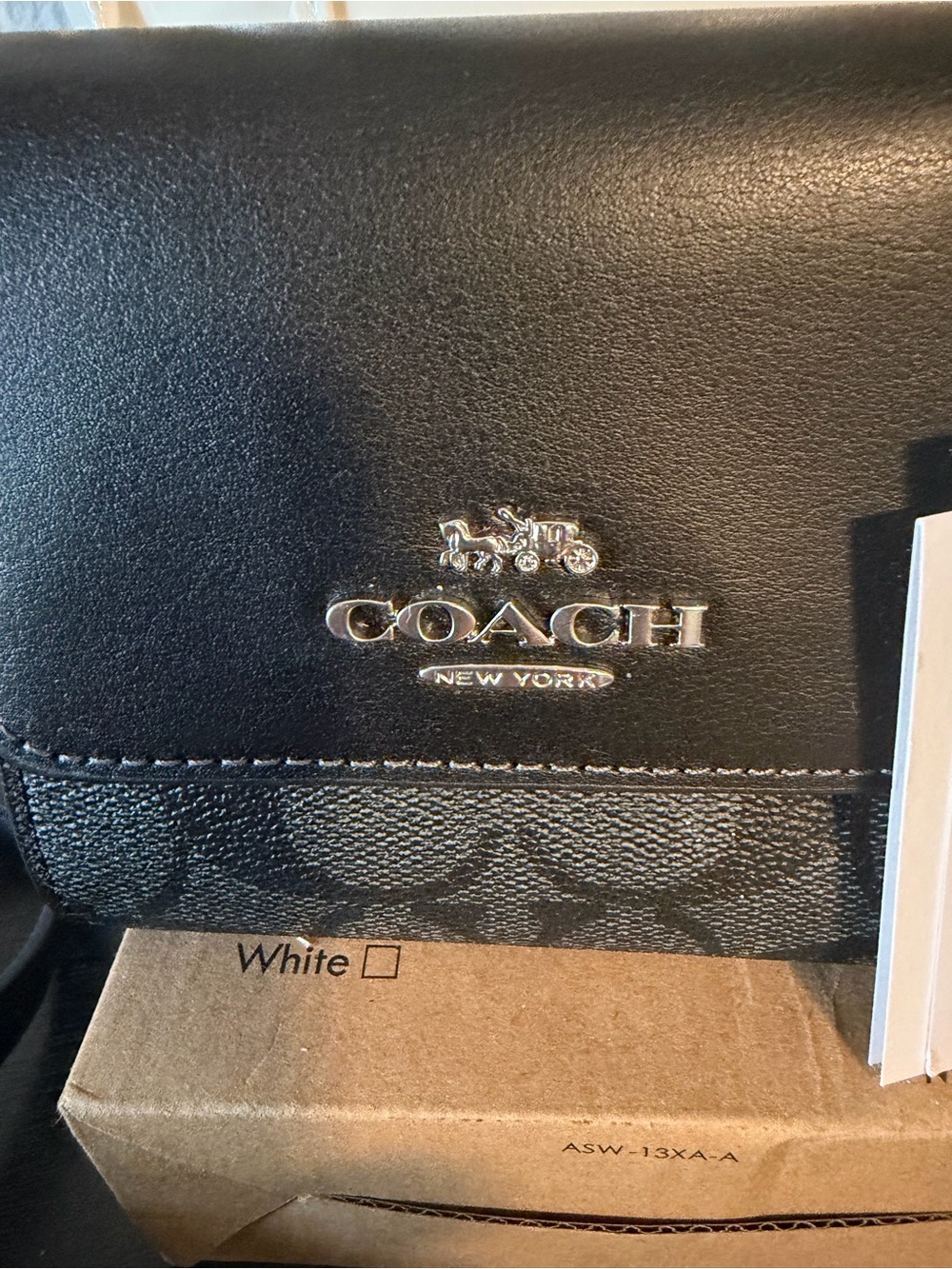 NWT Coach Black Signature Trifold Wallet with Silver Logo - Picture 3 of 12